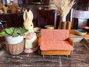 Vintage Lundby Dollhouse Mid-Century Modern Wood Sofa with Orange Upholstery